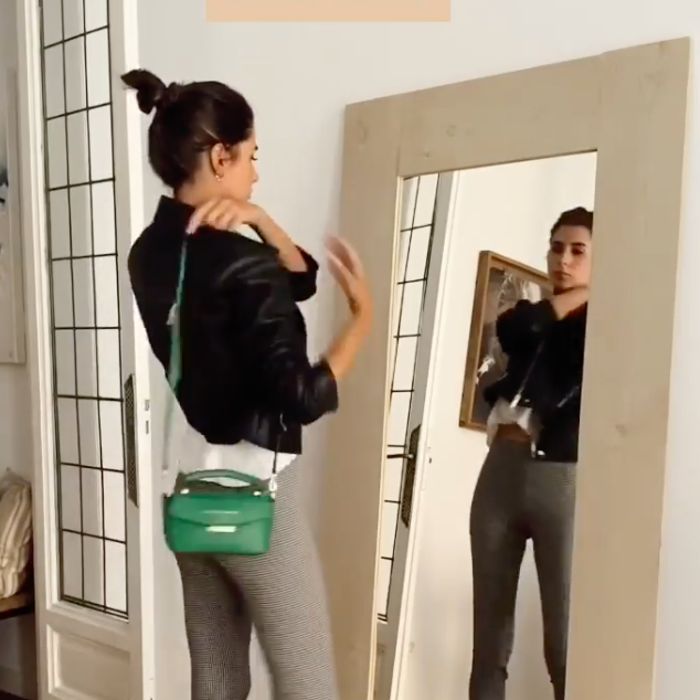 MERY TURIEL CON SU BOLSO DE PIEL SANDRA FRECKLED, MODELO VICENTA VERDE MADE IN SPAIN. BOLSO DEALTA CALIDAD HECHO EN UBRIQUE, CORTE INGLES 