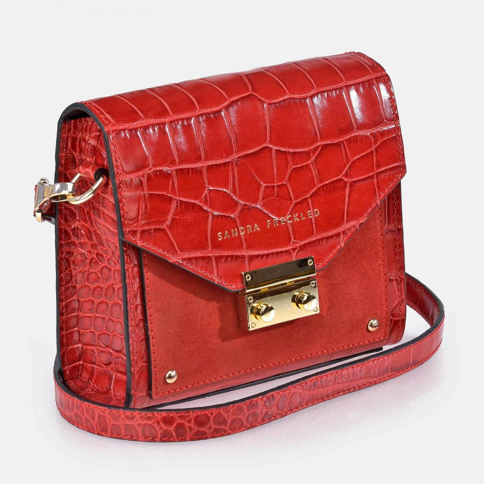 Bolso de piel de cocodrilo y suede CARMEN en color verde oscuro con correa y cierre dorado. Es un bolso estilo bandolera y de hombro - SANDRA FRECKLED bolsos de mujer
