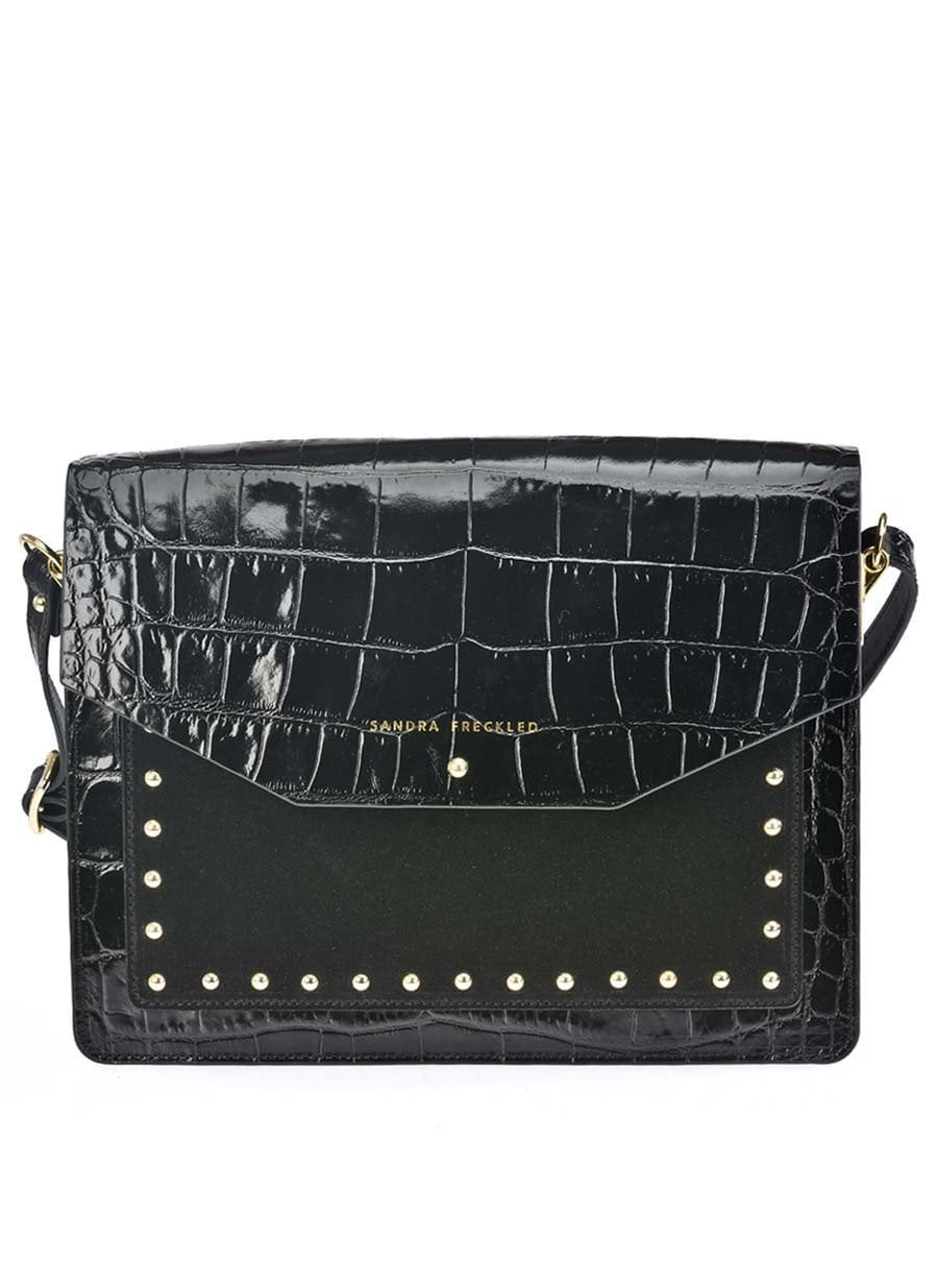 MARIELA GRABADO Bolso de piel de cocodrilo y suede en color negro con correa decorado con tachuelas. Es un bolso estilo bandolera y de hombro - SANDRA FRECKLED bolsos de mujer