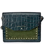 MARIELA GRABADO Bolso de piel de cocodrilo y suede en color verde oscuro con correa decorado con tachuelas. Es un bolso estilo bandolera y de hombro - SANDRA FRECKLED bolsos de mujer