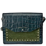 MARIELA GRABADO Bolso de piel de cocodrilo y suede en color verde oscuro con correa decorado con tachuelas. Es un bolso estilo bandolera y de hombro - SANDRA FRECKLED bolsos de mujer